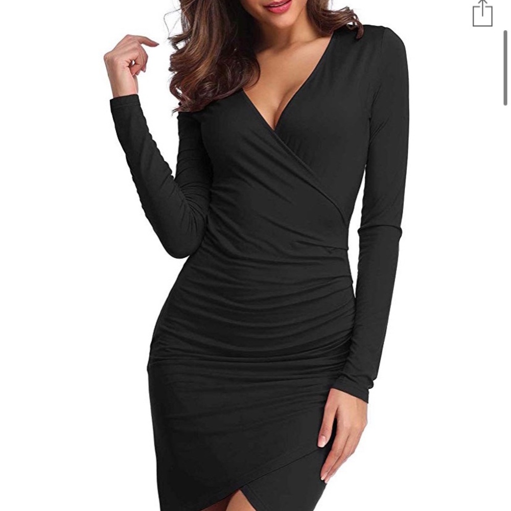 Deep VNeck Long Sleeve Sexy Wrap Ruched Dress